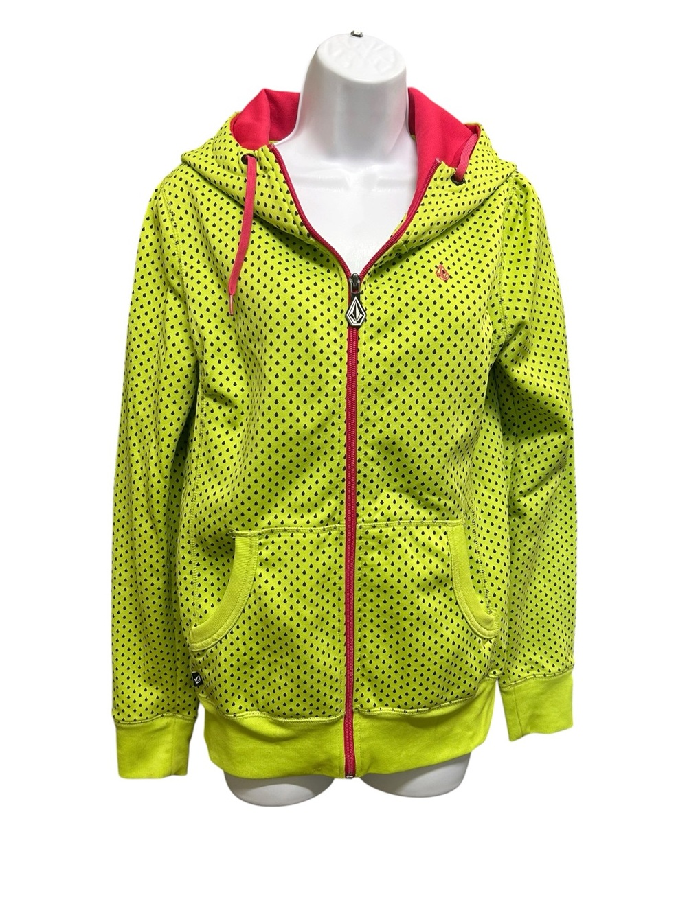 Volcom Neon Green Pink Polka Dot Hoodie Jacket Size S